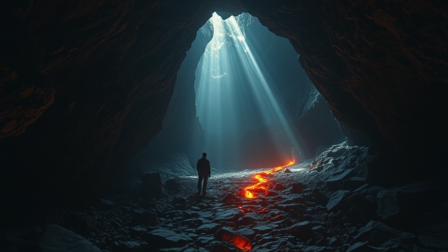 A solitary figure walks a fiery path in a cave, embodying revival and reformation.