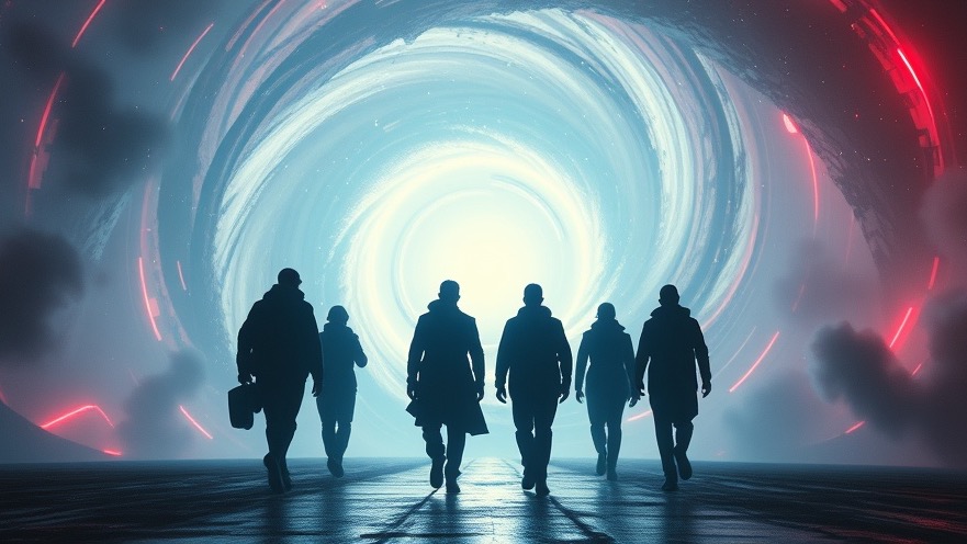 Futuristic scene of silhouetted figures in Spiritual Warfare toward radiant light.