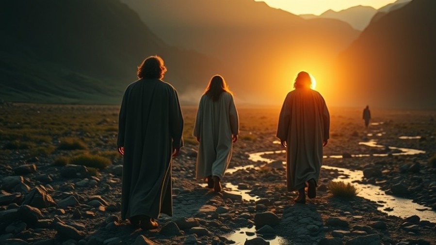 Three biblical figures embodying spiritual warfare and miracles at dawn.