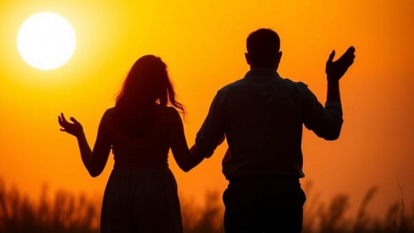 Inspiring family silhouette united in prayer at sunset.