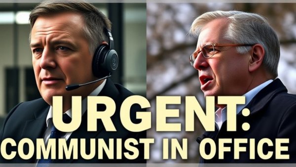 Digital poster with two men and the urgent message 'Communist in office'.