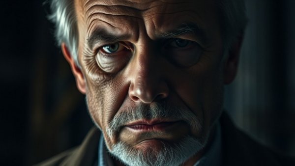 Close-up dramatic collage of a serious older male figure contemplating next steps.