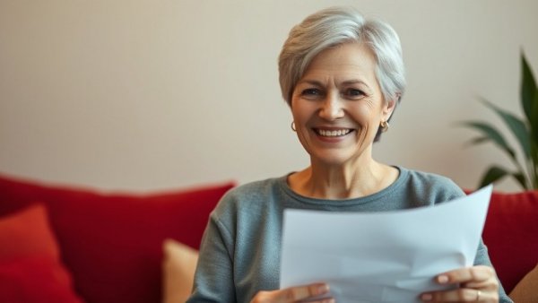 Mature woman in a denim jacket smiling warmly indoors.