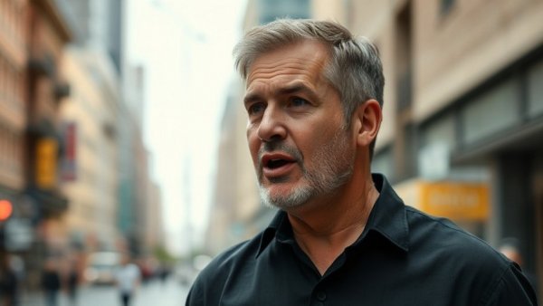 Middle-aged man speaks passionately with city backdrop, natural light