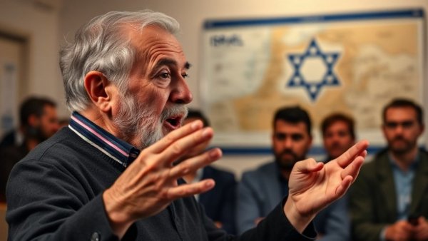 Older man discussing a map, expressive hand gestures, vibrant setting.