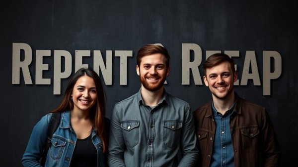 God Reward Repentance: Three individuals smiling under text 'Repent & Reap'.