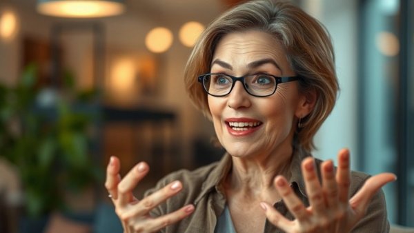 Middle-aged woman animatedly speaking indoors, discussing focus.
