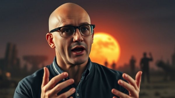 JosephZ presenting a news update in apocalyptic sci-fi scene.