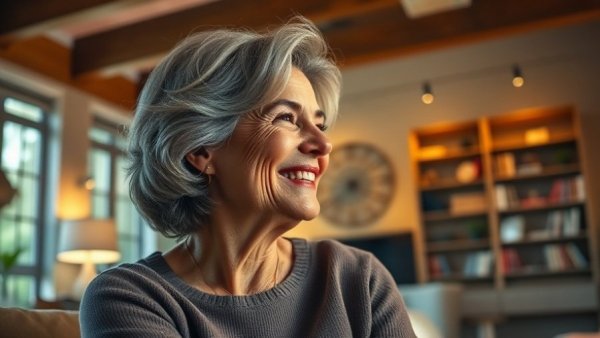 Positive Thinking and Physical Health: Mature woman smiling in cozy living room.