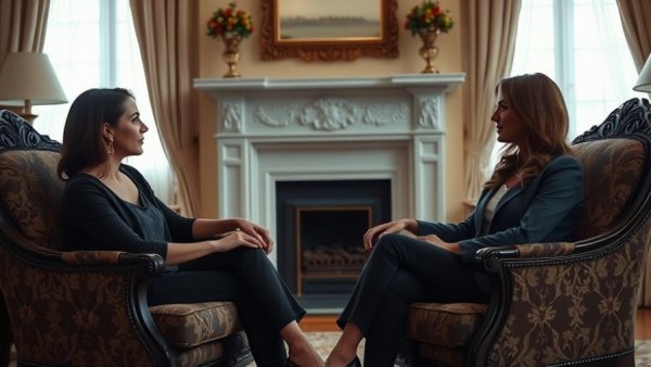 Cindy Jacobs conversation, women in living room chairs near fireplace, episode scene.