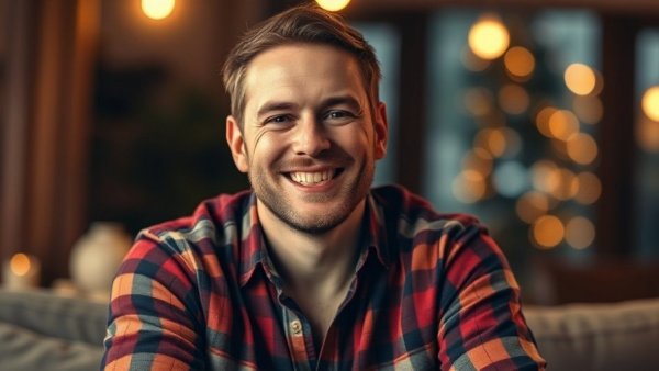 Man smiling in plaid shirt discussing Christmas reflection, warm bokeh.