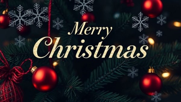 Festive Christmas Eve message card with tree and ornaments.