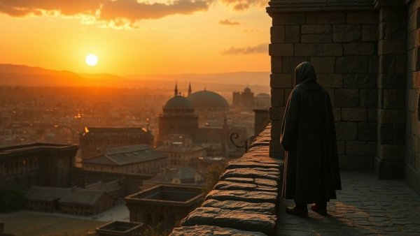 Spiritual scene of a hooded figure during sunset on ancient walls, Crisis Intercession theme.
