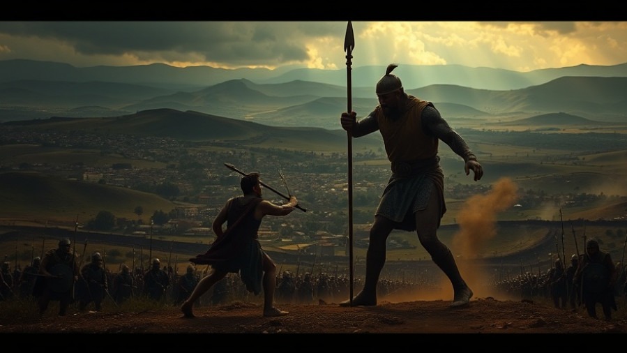 David battles Goliath amidst a tense battlefield, showcasing Dutch Sheets' spiritual giants.