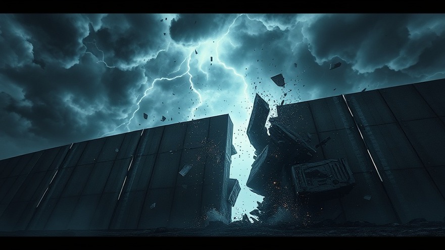 A dramatic scene of spiritual warfare with a collapsing wall, showcasing destruction and prophetic insights.