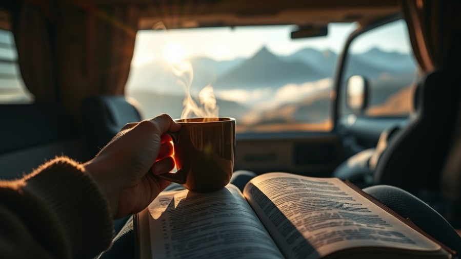 Morning devotion in an RV with coffee and a Bible, inspired by 'Divine Interruptions'.