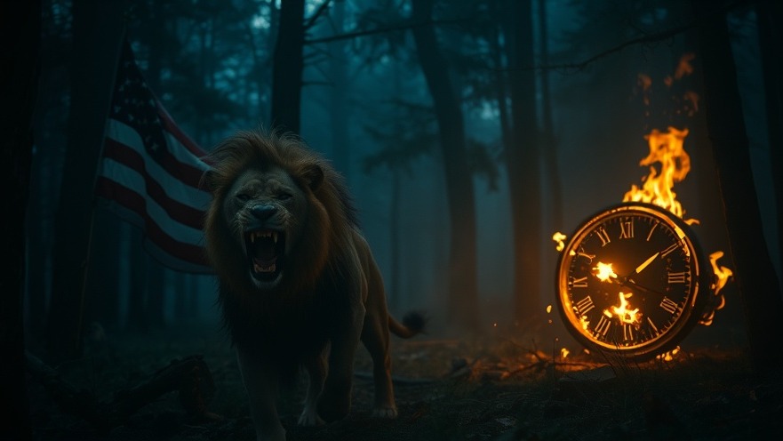 Cinematic scene of a roaring lion in a shadowy forest, symbolizing JosephZ's prophetic insights on global economy.