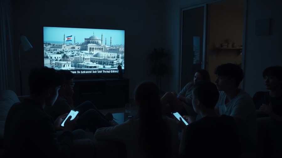 Gen Z friends in an urban apartment view news on Israeli-Palestinian conflict.