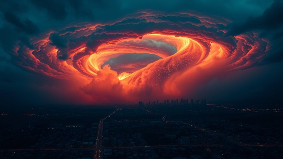 Epic cityscape under swirling storm of fire and wind, evoking salvation and divine revelation.