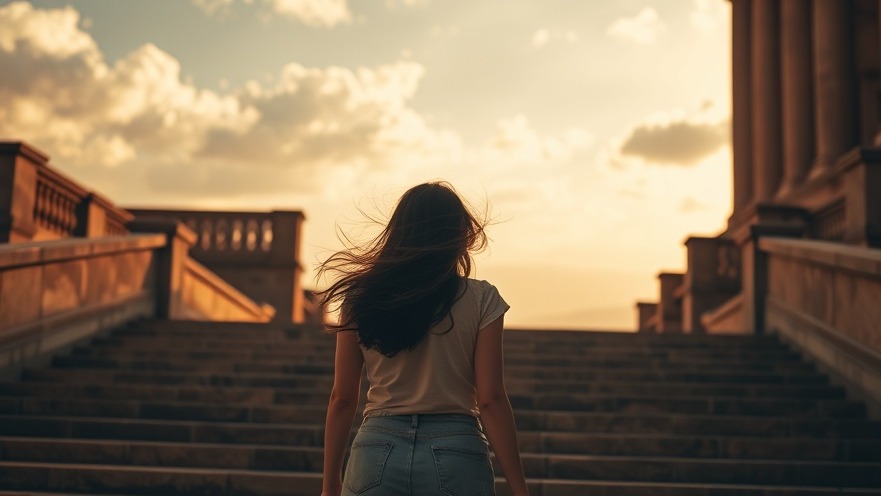 A young woman ascends a grand stone staircase, embodying healing through communion.