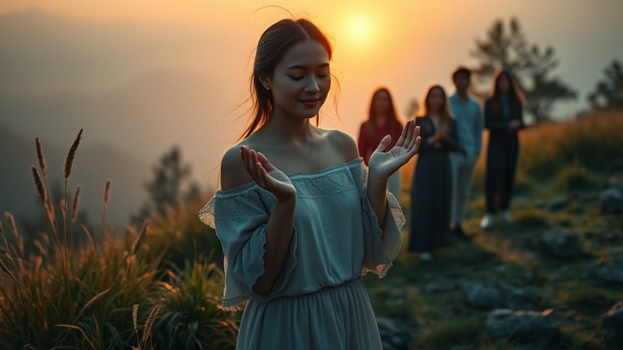 Young woman in prayer at dawn, embodying community strength and spiritual warfare.