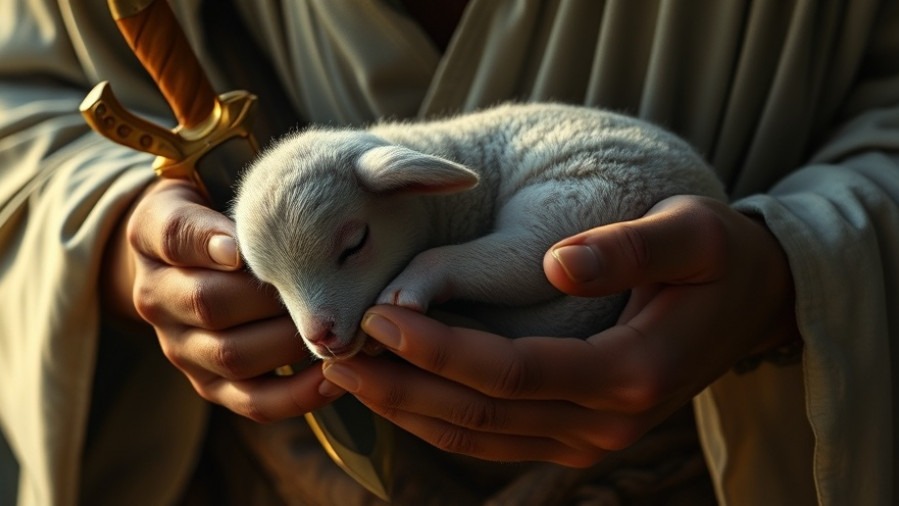 Jesus embodies strength and tenderness, holding a lamb and a dagger, symbolizing biblical prophecy.