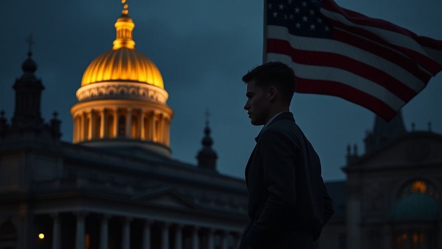 A young man in serious pose beside an American flag, symbolizing spiritual warfare.