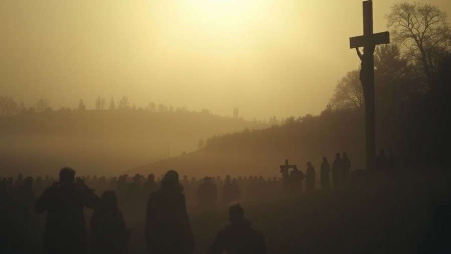 A serene dawn scene depicting the power of prayer amidst sorrowful reflections on the Christmas cross.