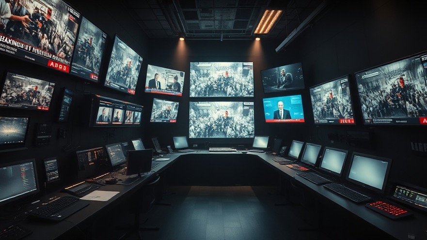 Cinematic control room showcasing chaos and conspiracies in media, echoing Charlie Kirk's insights.
