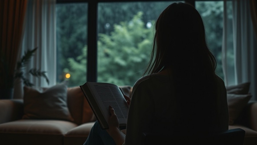 A young woman reading about spiritual warfare and the power of prayer in a cozy living room.