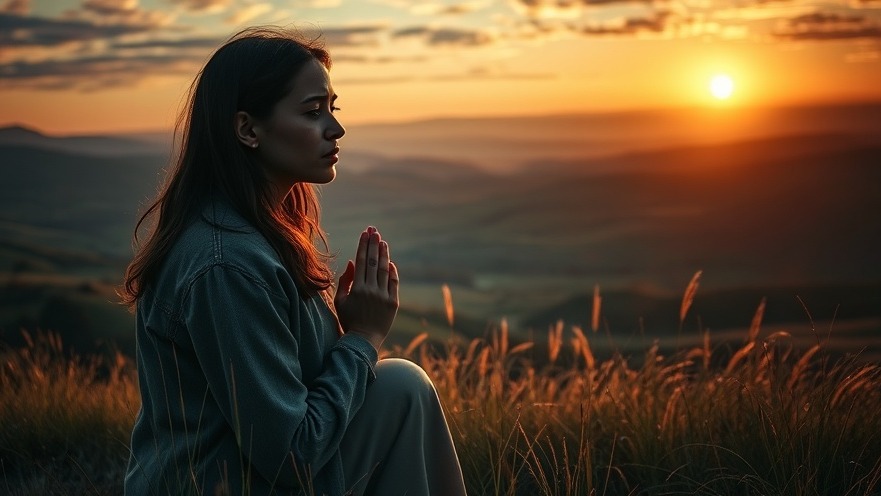 Young woman in prayer at sunset; a scene of James Goll's collective prayer for miracles.