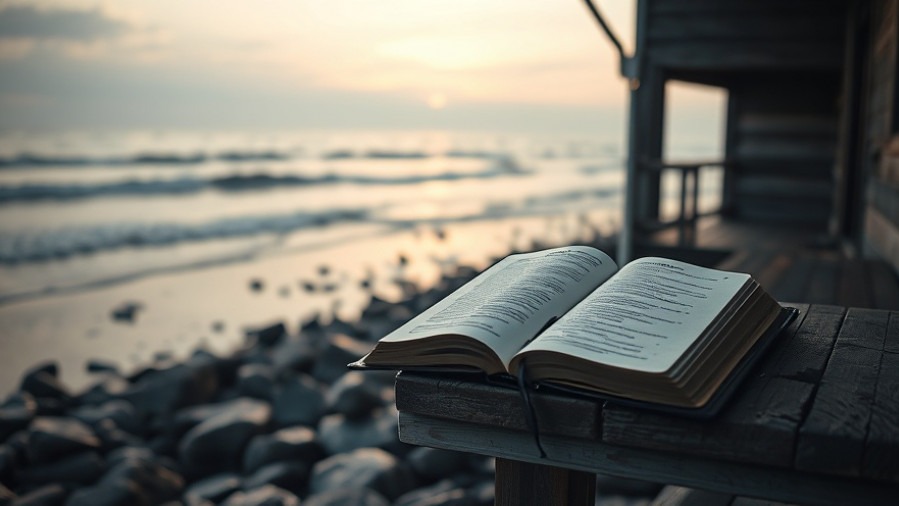 A serene dawn at a rocky beach with an open Bible reflecting spiritual freedom.