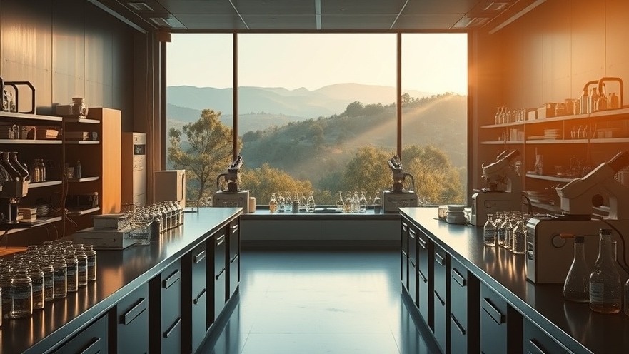 Dimly lit lab showcasing faith healing and stem cell therapy with mystical landscape view.