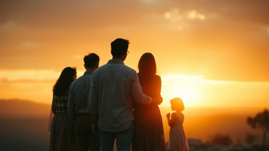 Family united in prayer at sunrise, embodying James Goll's personal breakthroughs in spiritual warfare.