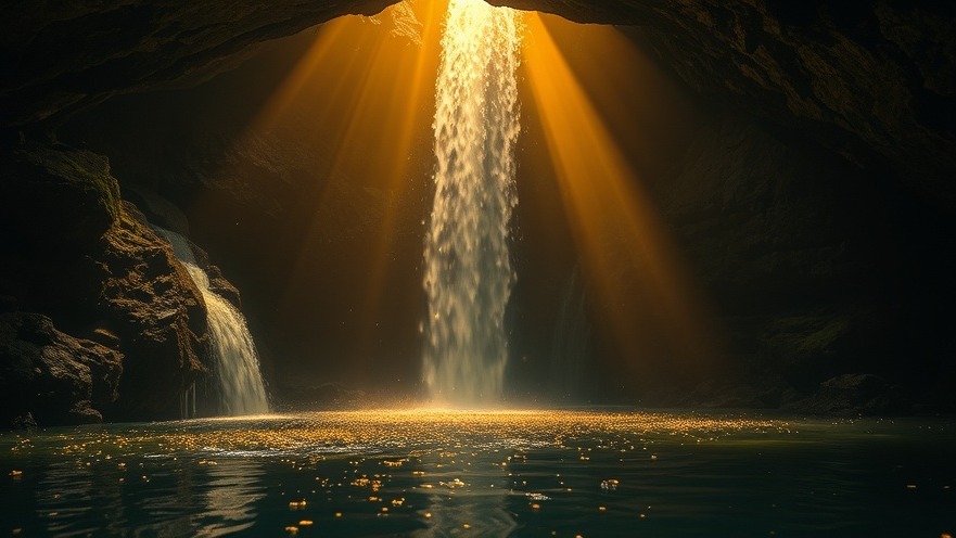 Mystical waterfall scene embodying healing through the cross and serenity in nature.