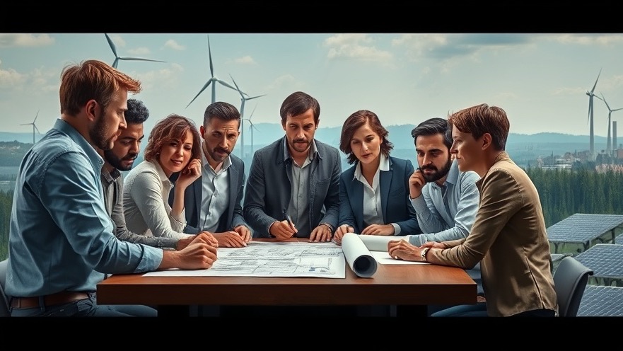 Diverse group discusses renewable energy solutions amid industrial landscape.
