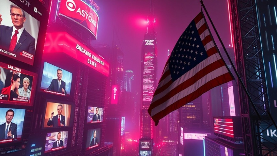 Cyber cityscape of AmericaFest insights with neon chaos and faith in turmoil.