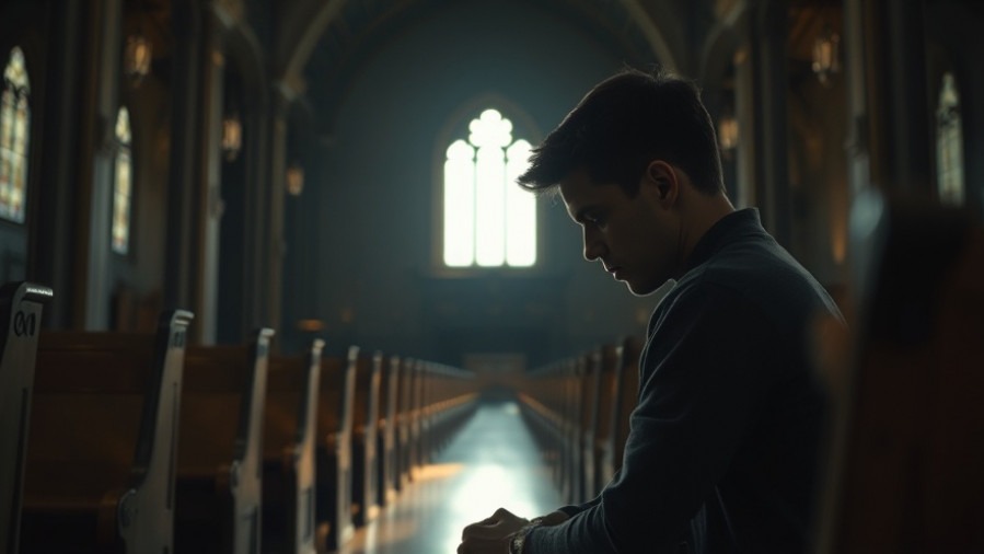 A young man reflects on spiritual growth in a serene church setting.