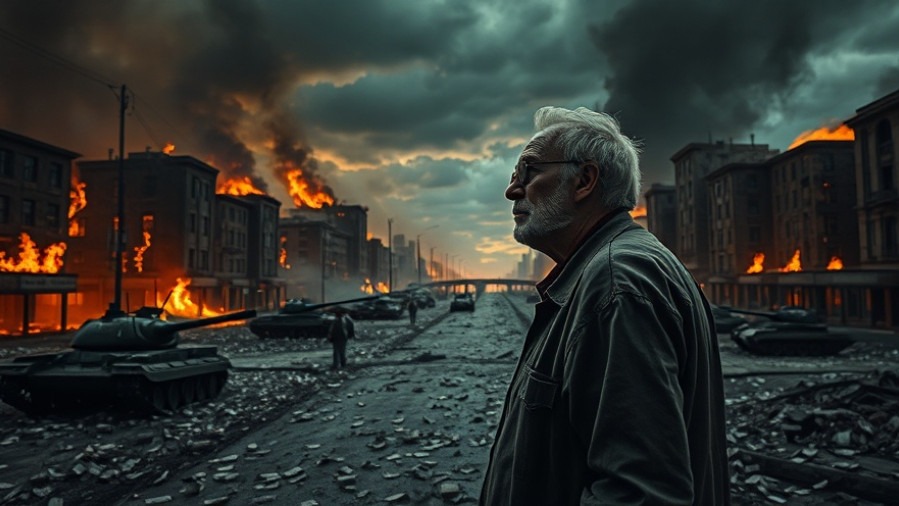 Elderly man in ruins, reflecting on global shaking and prophetic insight of James Goll.