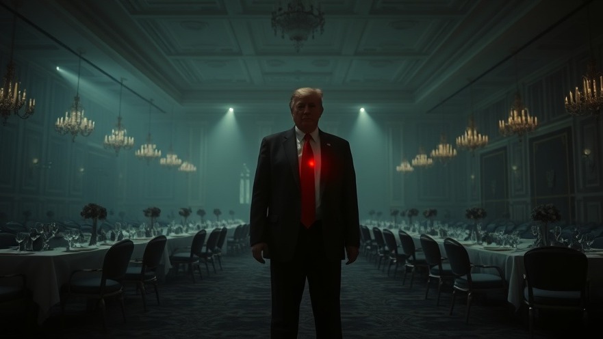 Cinematic scene of Donald Trump in an empty banquet hall, symbolizing spiritual warfare.