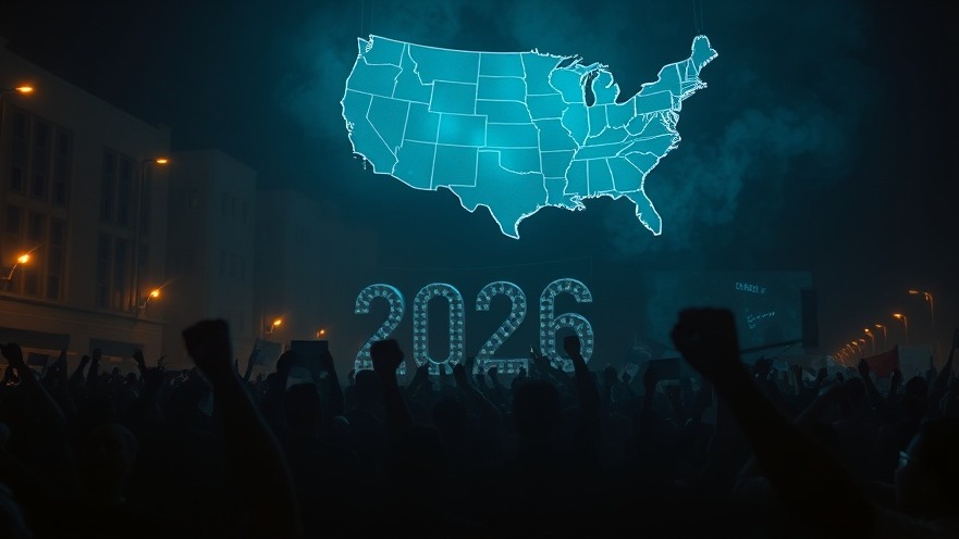 Crowd in unrest under glowing '2026' map, symbolizing spiritual revival and justice transformation.