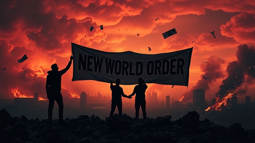 Dramatic scene of silhouetted figures with 'New World Order' banner amidst apocalypse, evoking Epstein list themes.