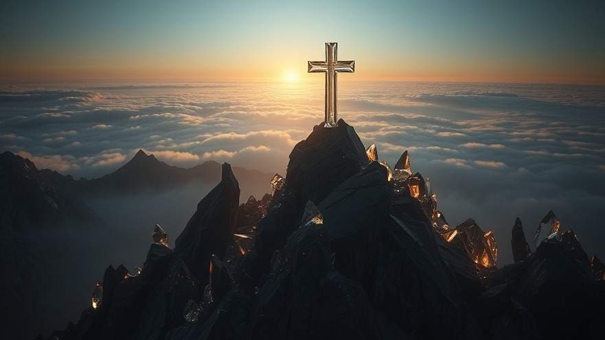 Cinematic mountain scene symbolizing The Power of Communion with a crystal cross at dawn.