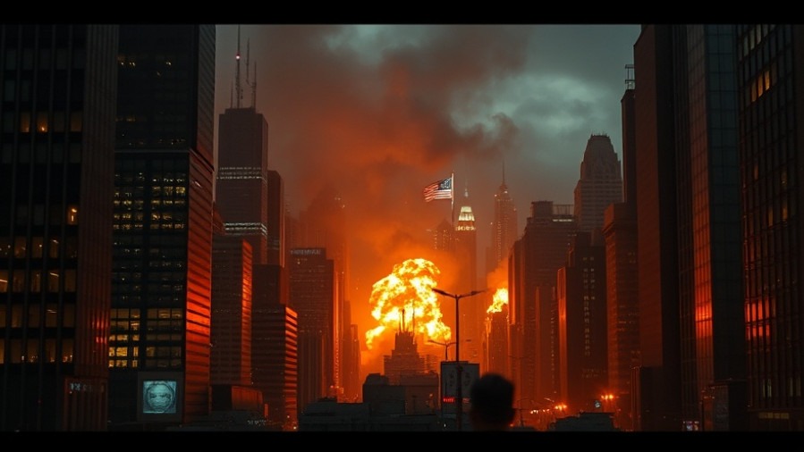 Futuristic NYC scene with fiery explosions, embodying the AI investment bubble and prophetic awakening.