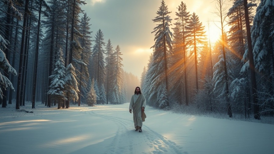 Jesus in a snowy forest at dawn, embodying hope for a Spirit-Filled Home.
