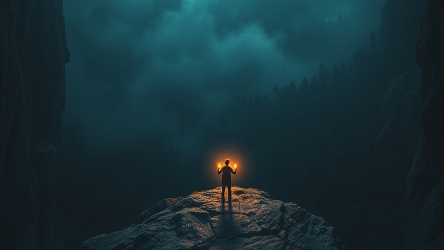 A young man radiates light in a shadowy forest, symbolizing prophetic mentorship.