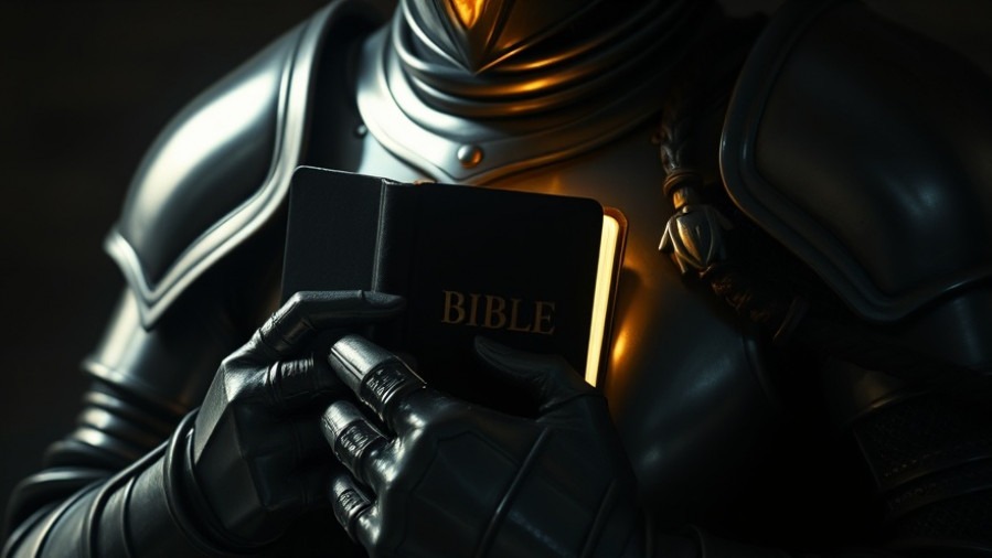 Knight in armor holding a glowing Bible, symbolizing spiritual weapons like David and Goliath.