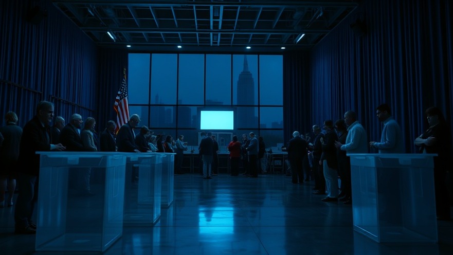Cinematic election night scene with voters, ballot boxes, and American flags reflecting the integrity of elections.