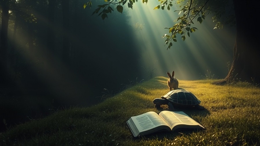 A serene scene of the Hare and the Turtle, embodying spiritual maturity and patience, with an open Bible.