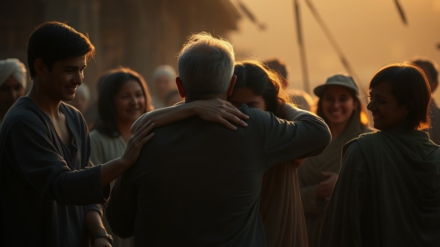 Rick Renner inspires spiritual restoration, depicting community revival with heartfelt embraces.